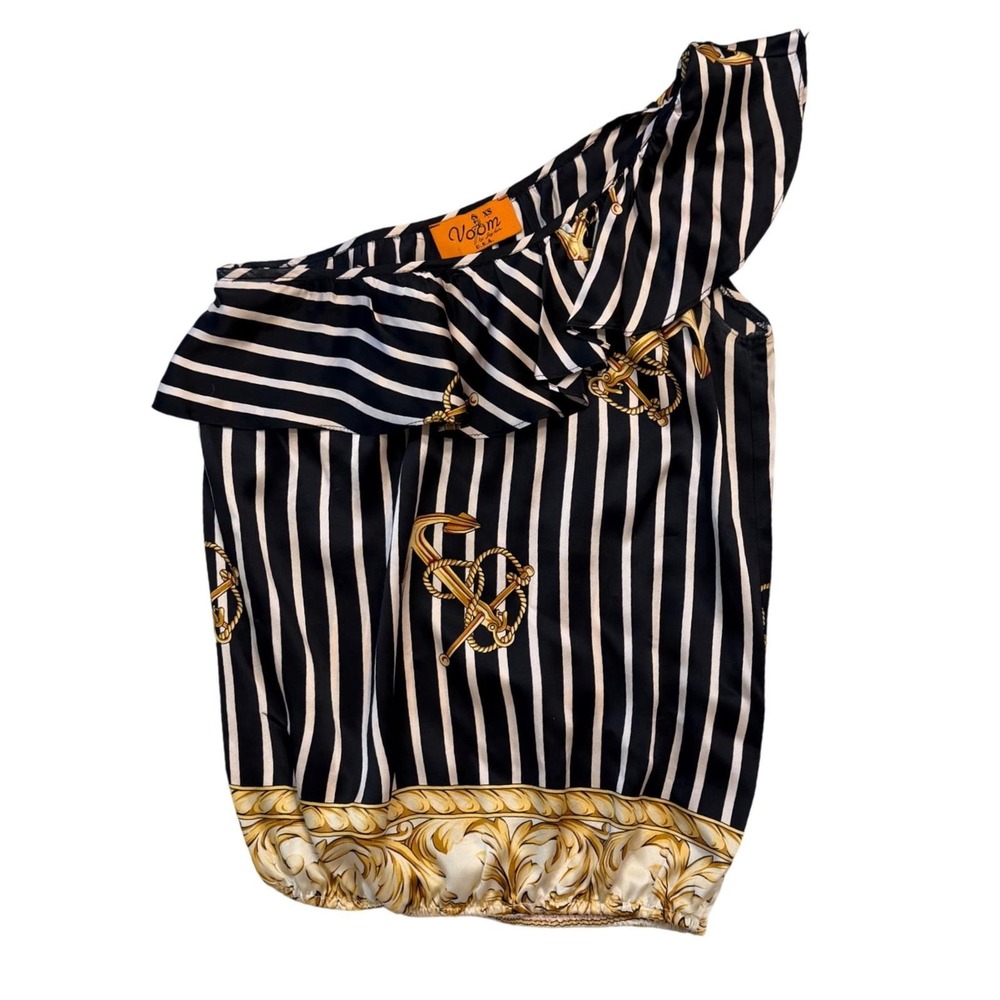 Voom by Joy Han Silk One Shoulder Ruffle Nautical Anchor Stripe Top XS D-6786